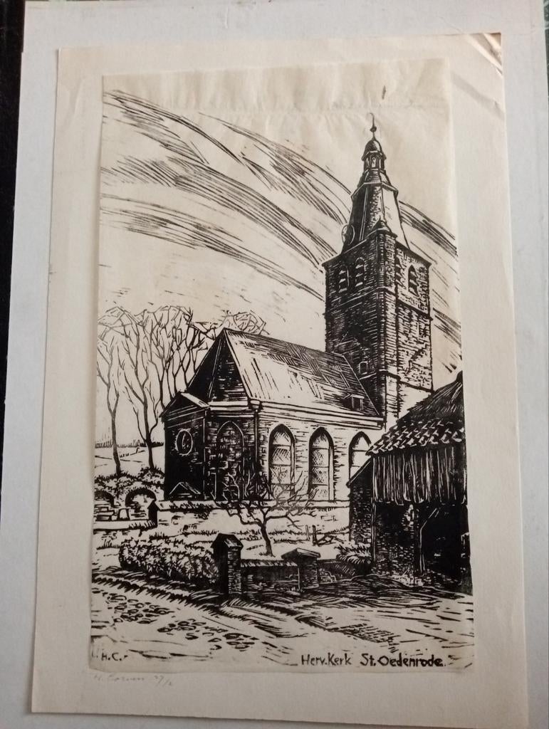 Harry Corvers Houtsnede Hervormde Kerk St.Oedenrode, Antiek en Kunst, Ophalen of Verzenden