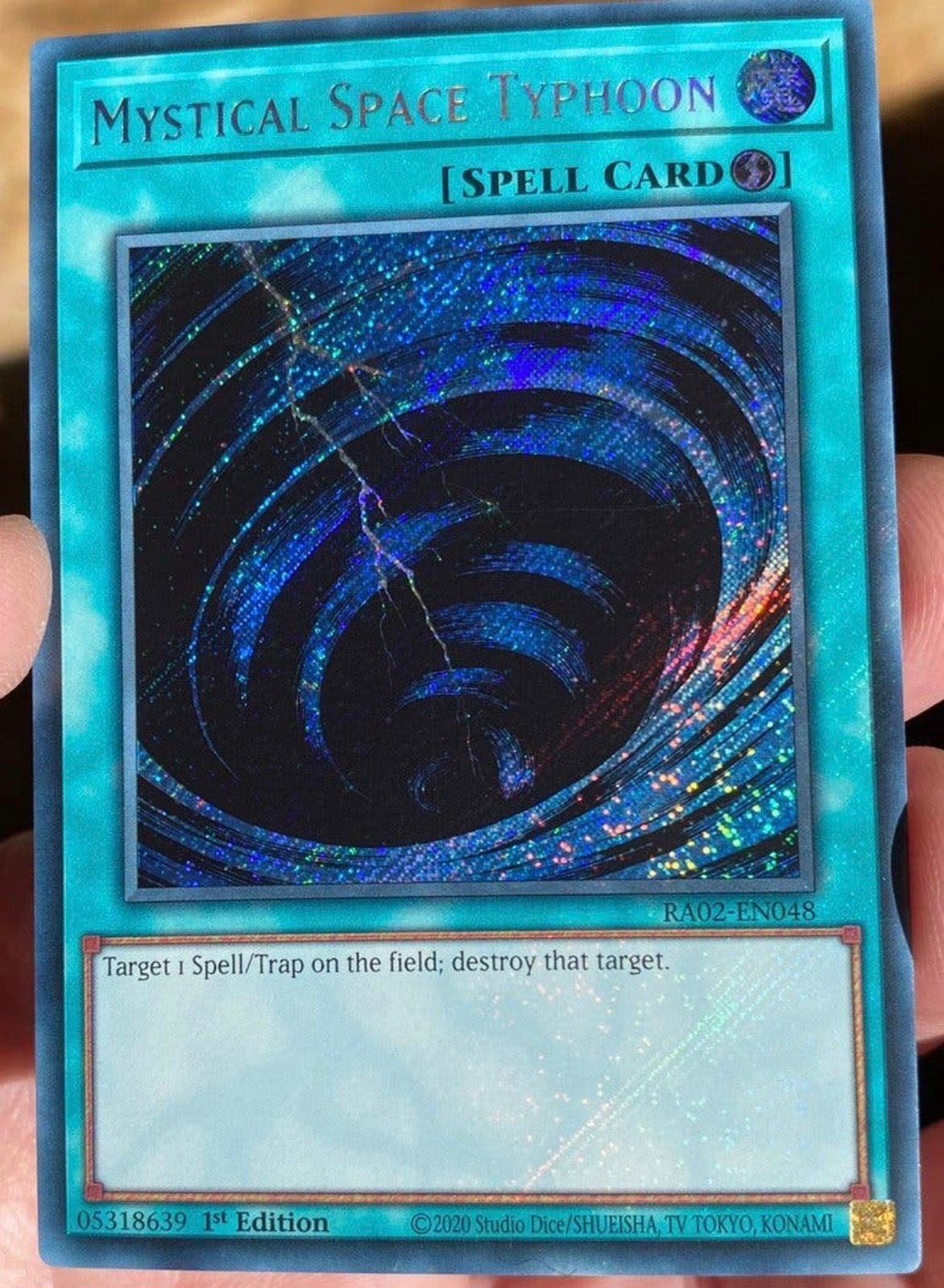 Yu-Gi-Oh! Mystical Space Typhoon RA02 1st Edition !, Ophalen of Verzenden, Zo goed als nieuw, Losse kaart, Foil