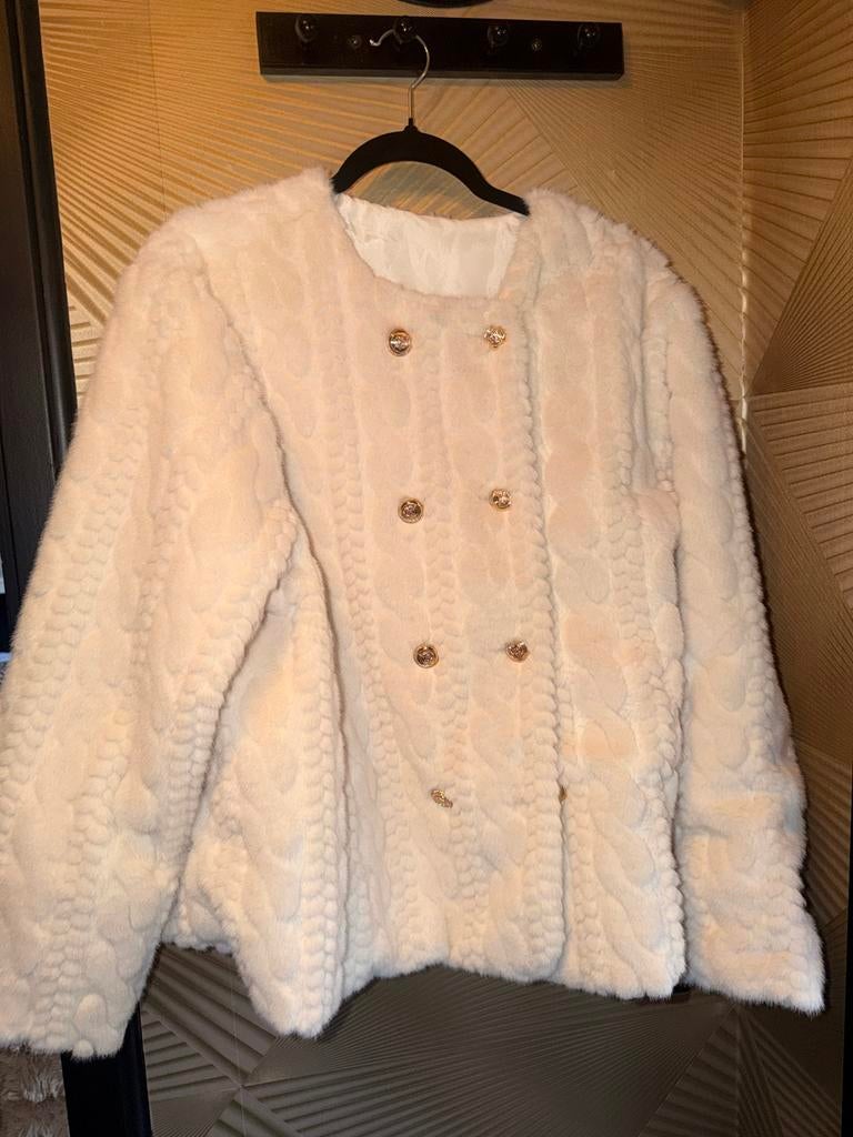 Witte Bontjas met Gouden Knopen - Maat L, Kleding | Dames, Jassen | Winter, Ophalen of Verzenden, Zo goed als nieuw, Maat 42/44 (L)