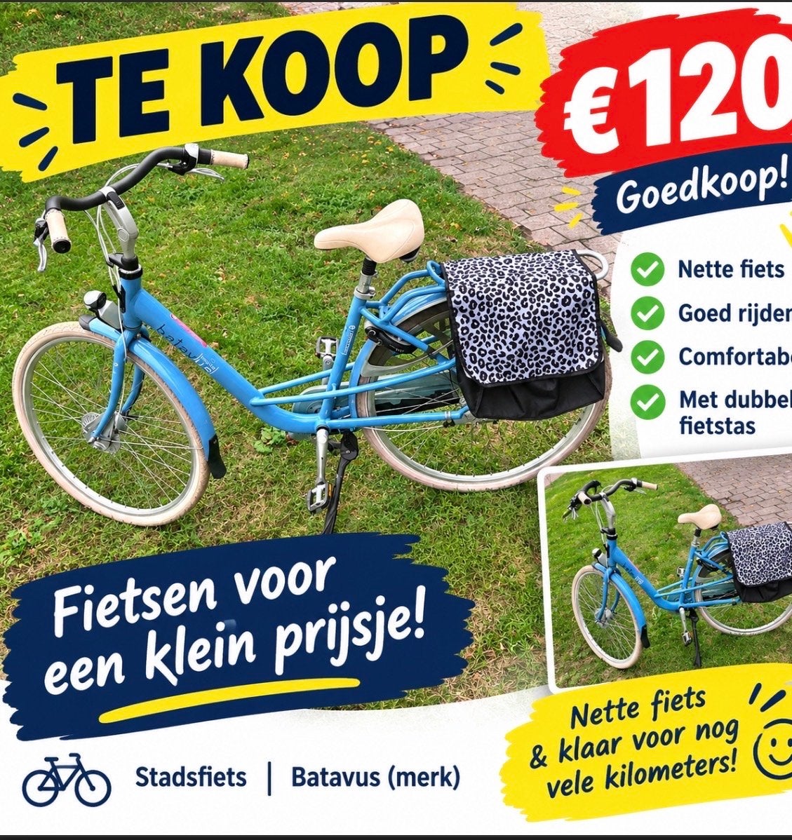 Batavus Stadsfiets - Nette fiets met dubbele fietstas, Batavus, Ophalen of Verzenden, Trommelrem, 53 tot 56 cm