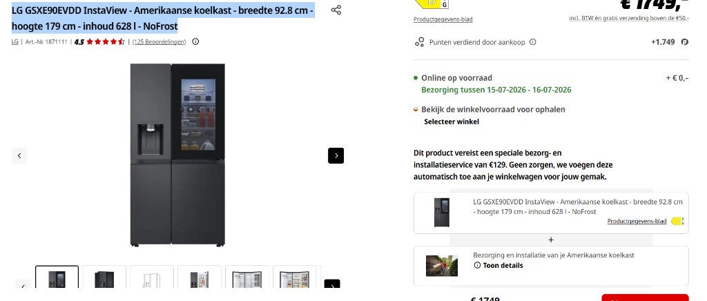 LG GSXE90EVDD InstaView - Amerikaanse koelkast, 200 liter of meer, Verzenden, 60 cm of meer, Met aparte vriezer