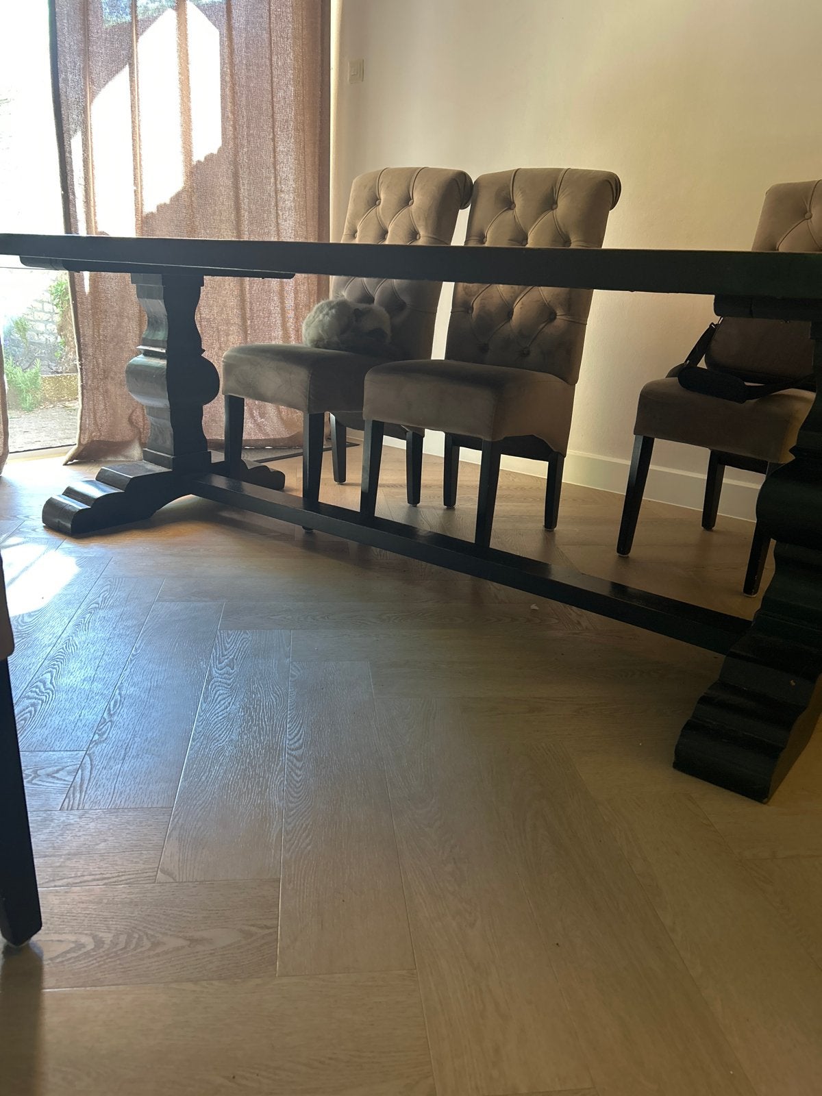 Zware Zwart Geverfde Eiken Kloostertafel - Gebruikt, Huis en Inrichting, Tafels | Eettafels, Ophalen, Gebruikt, Eikenhout, 200 cm of meer