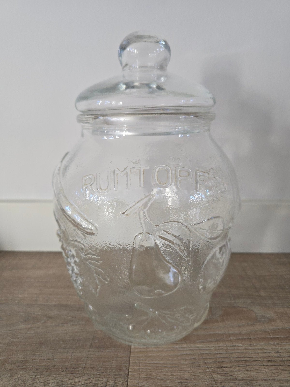 Antieke glazen 5 liter rumtopf (rumpot) met deksel in reliëf, Ophalen of Verzenden