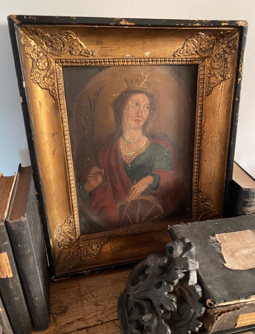 Antiek 18e eeuw schilderij op paneel, Heilige Catharina, Antiek en Kunst, Ophalen of Verzenden, Bijzondere lijst, Olieverf, Paneel