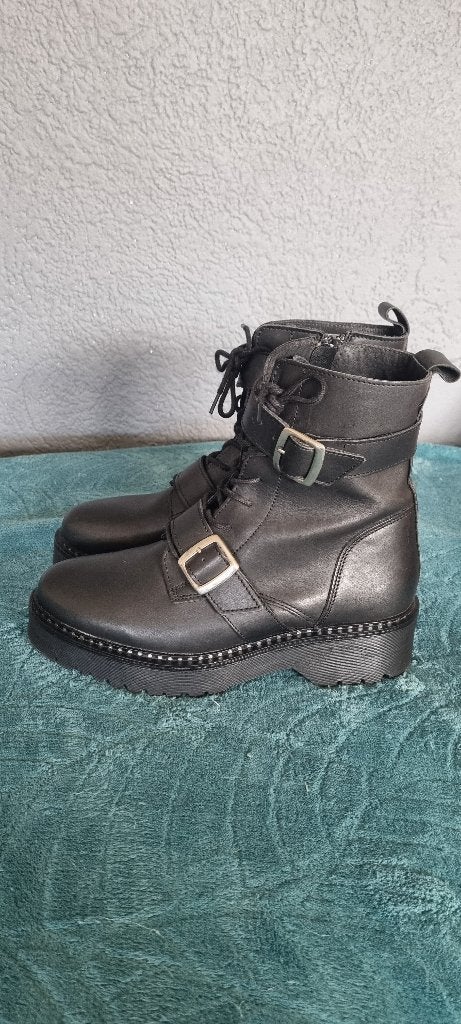 PS poelman bikerboots echt leer maat 38, Zwart, Lage of Enkellaarzen, Ophalen of Verzenden, Zo goed als nieuw