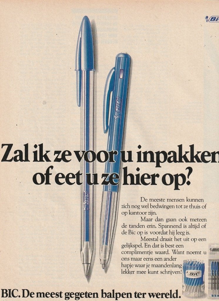 Retro reclame 1987 Bic pennen eet u ze hier op?, Verzenden, Overige typen
