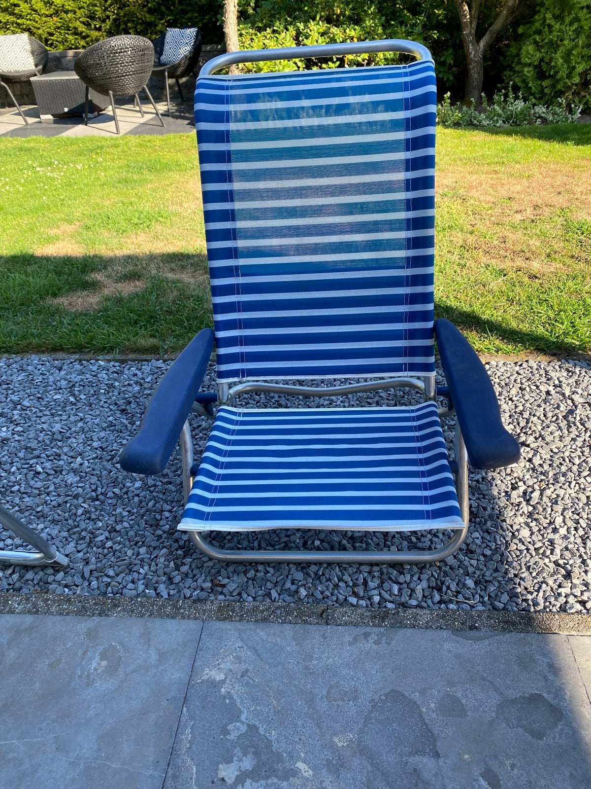 Crespo strandstoel blauw-wit gestreept, verstelbaar, Ophalen, Gebruikt, Metaal, Inklapbaar