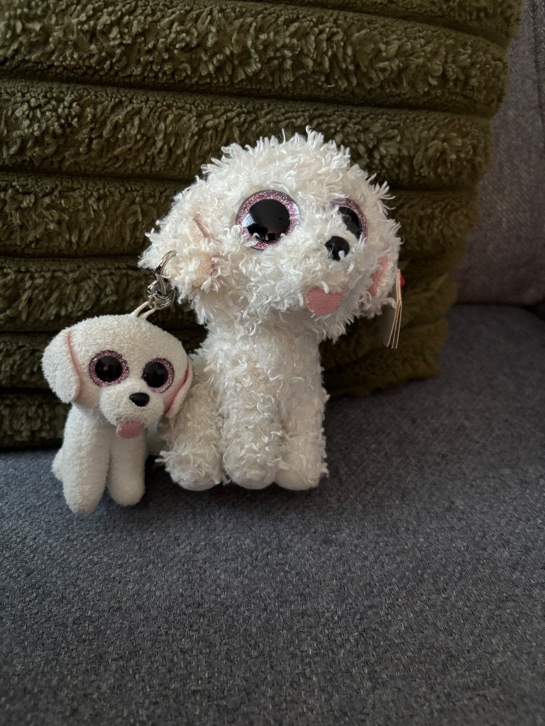 2 knuffels van ty beanie boo witte hondjes is sleutelhanger, Ophalen, Overige karakters, Hond, Ty