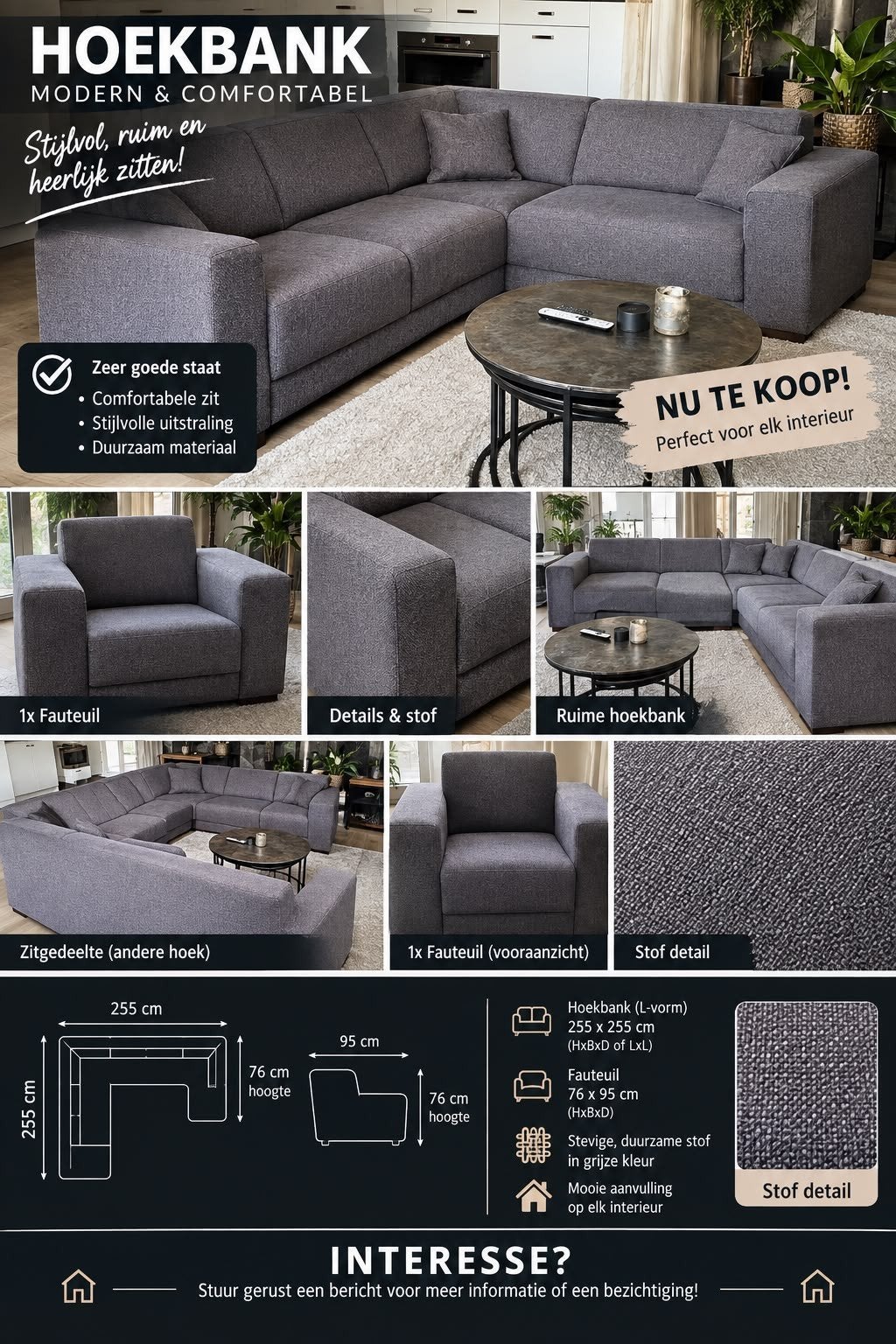 Moderne en comfortabele hoekbank met fauteuil, Huis en Inrichting, Ophalen, 250 tot 300 cm, Modern en comfortabel, 100 tot 125 cm