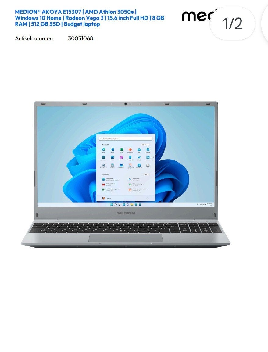 MEDION AKOYA E15307 AMD Athlon 3050e 8GB RAM 512GB SSD, AMD Athlon 3050e, Met videokaart, 2 tot 3 Ghz, 8 GB