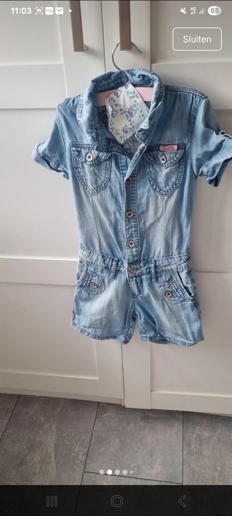 Vingino denim kortbroek/jumpsuit maat 110, Overige typen, Meisje, Ophalen of Verzenden, Zo goed als nieuw
