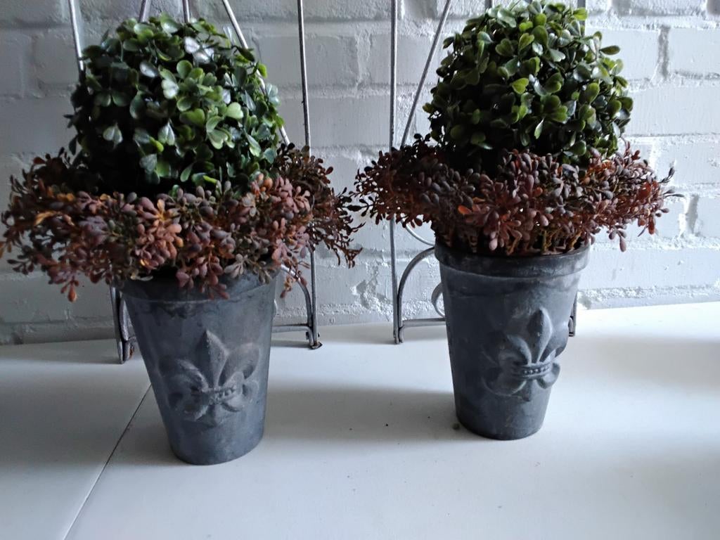 2 Gietijzeren potten met franse lelie, Ophalen, Rond, Metaal, Minder dan 40 cm