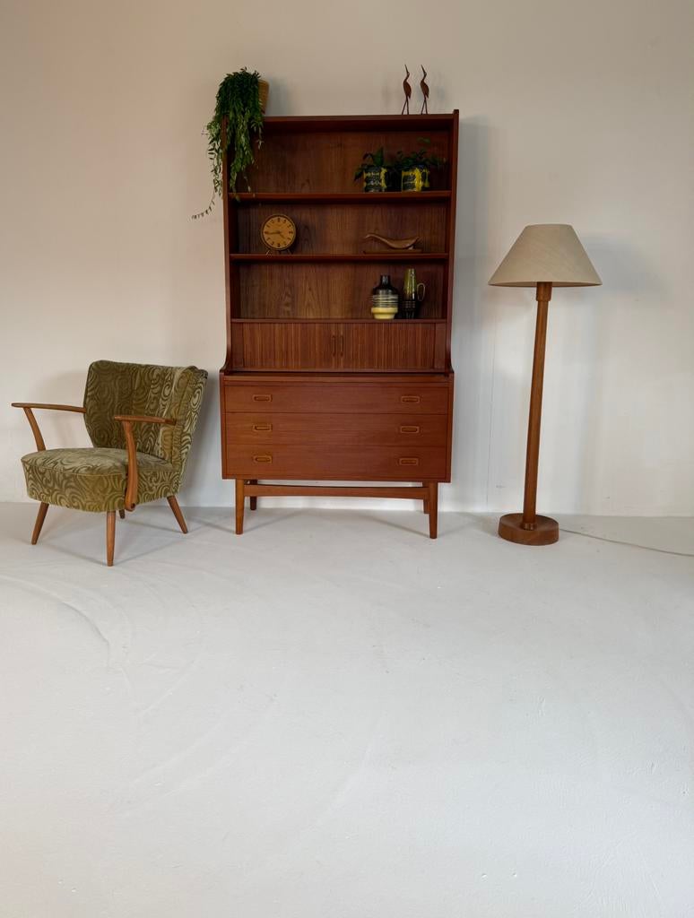 Vintage teakhouten vloerlamp, Domus ‘70, Vintage retro buisframe design rotan webbing papercord deens, 100 tot 150 cm, Hout, Ophalen of Verzenden