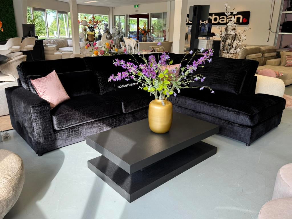 Luxe Velvet Croco Hoekbank Pocket 310x250cm Zwart NIEUW NEW, Info@oosterbaanwonen.nl, Venus 31 8448CE Heerenveen, Hoekbank, Oosterbaan Wonen