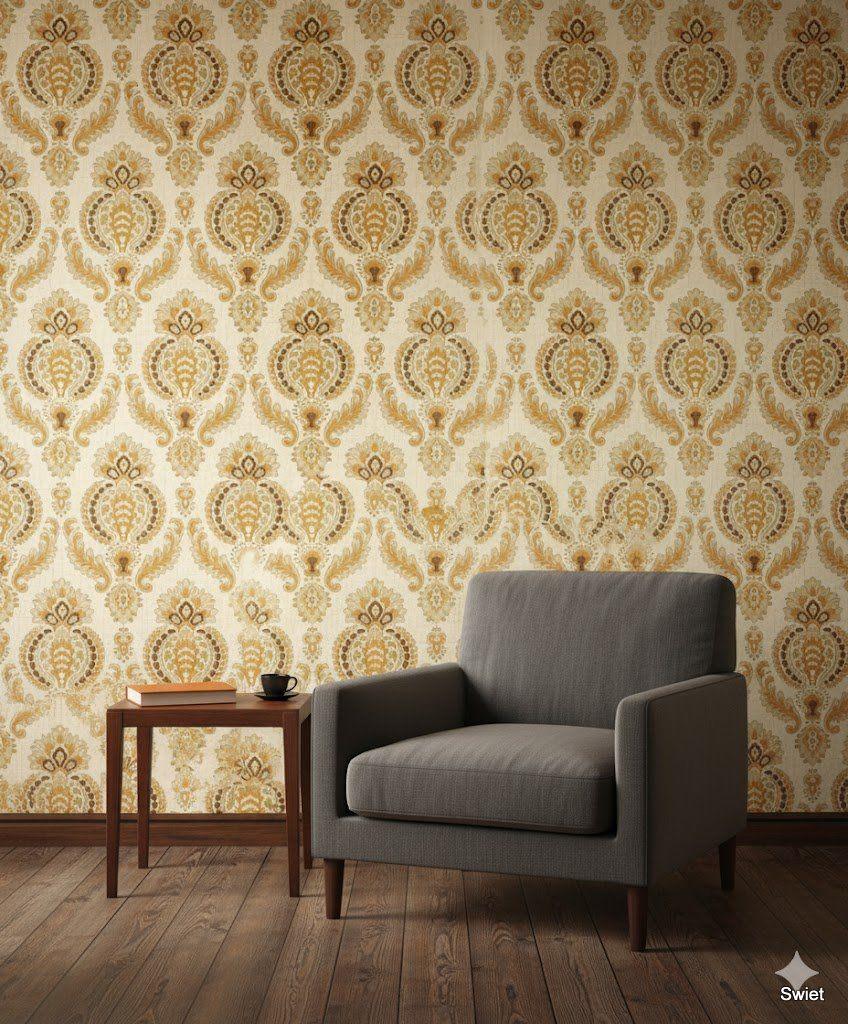 6784 Vintage behang oker barok medaillons swiet, Huis en Inrichting, Stoffering | Behang, Ophalen of Verzenden, 50 tot 75 m², Bruin