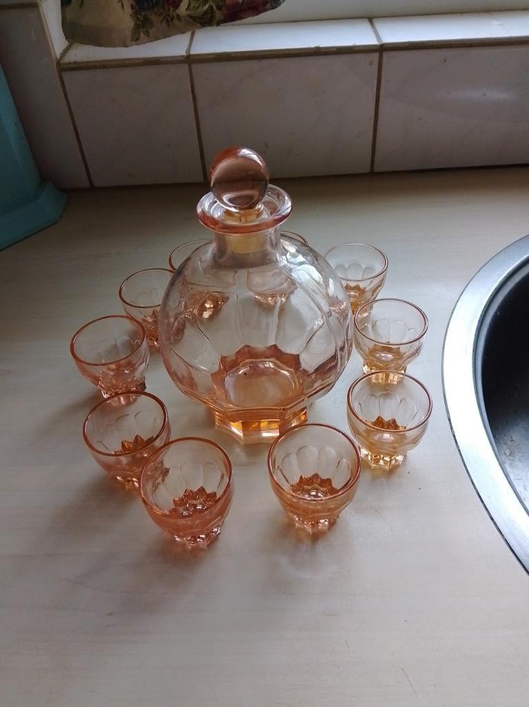 Antieke rose persglazen likeursetje, Ophalen of Verzenden