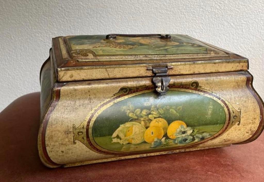 Groot antiek voorraadblik met fruit, Verzamelen, Blikken, Ophalen of Verzenden, Gebruikt, Overige