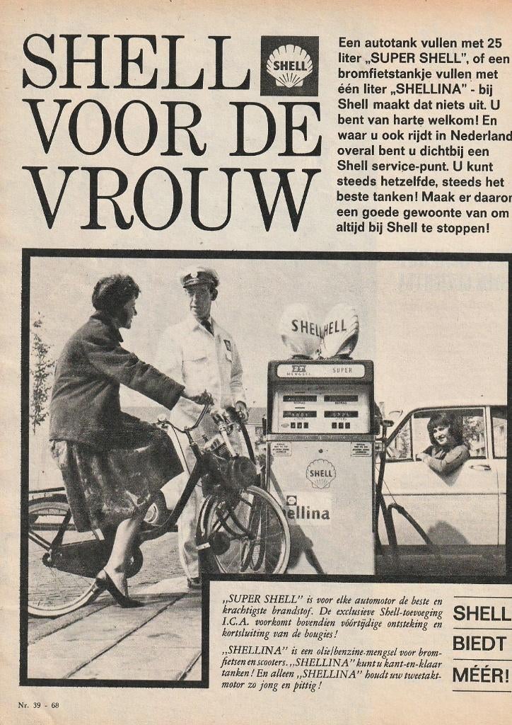 Retro reclame 1963 Shellina brommer brandstof, Verzenden, Overige typen