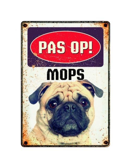 Metalen Wandbord - Pas Op! Mops - 15x21 cm, P, P, P, Nieuw
