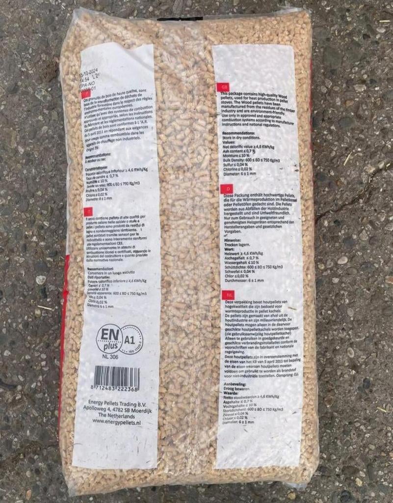 Hout pellets Energy Pellets excellent ENplus A1 zakken 15kg, Minder dan 3 m³, Ophalen of Verzenden, Overige houtsoorten, Blokken