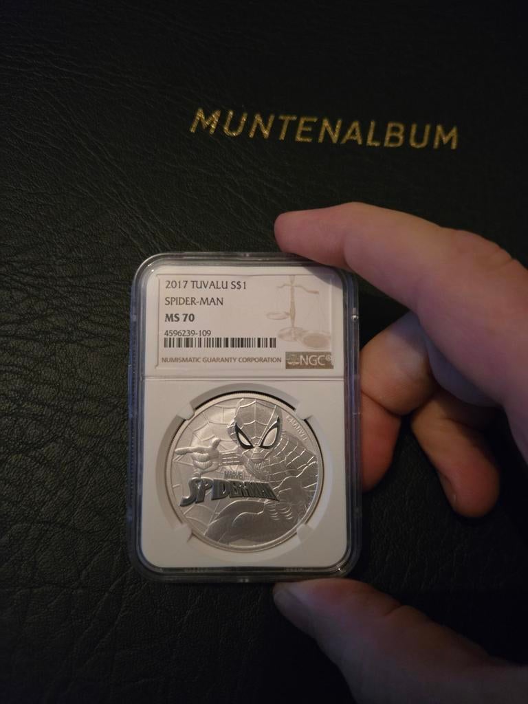 Zilveren Spider-Man munt 2017 Tuvalu MS 70 NGC 1oz, Ophalen of Verzenden, Overige landen, Losse munt, Zilver
