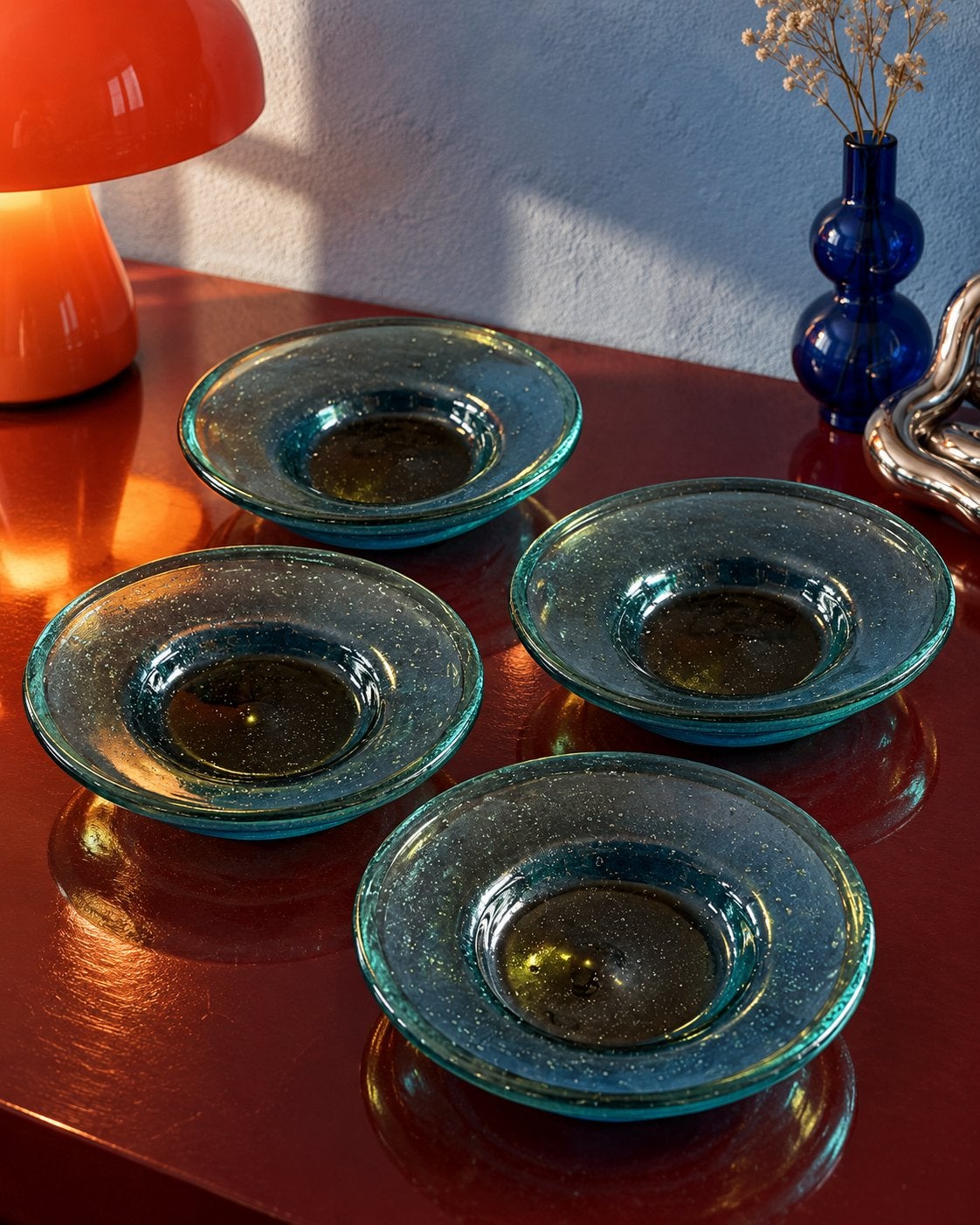 Set van 4 vintage petrolblauwe bubble-glass schaaltjes, Ophalen of Verzenden