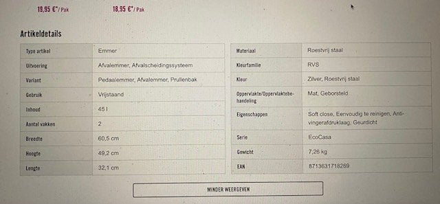 Pedaalemmer Eko Ecocasa RVS 30+15 liter (nieuw € 102,00), Ophalen, Met pedaal, Nieuw, 40 liter of meer