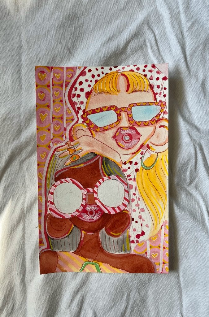 originele illustratie kunstwerk "zonnebril diva's" , 2025, Antiek en Kunst, Ophalen of Verzenden, Tekening, Gemengde techniek