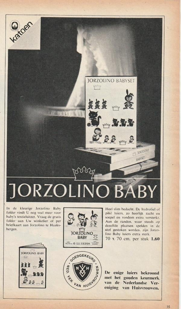 Retro reclame 1960 Jorzolino baby luiers piké en hydrofiel, Verzamelen, Verzenden, Overige typen