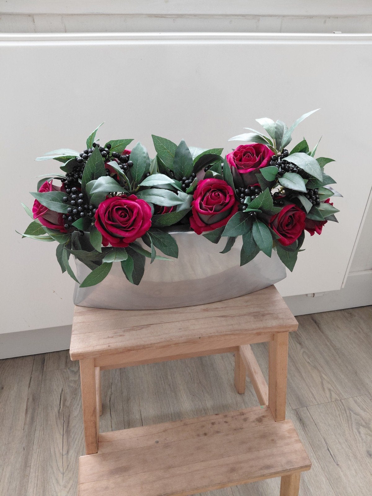 vaasbak met kunstbloemen, Ophalen of Verzenden, Gebruikt, Binnen, 15 cm