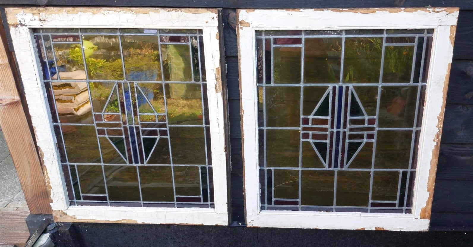 Antiek glas in lood ramen (9 st.), Ophalen, Gevelraam of Ruit, Gebruikt, Glas in lood
