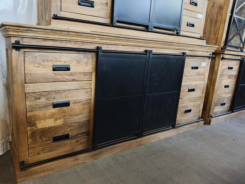 Mangohouten dressoir 200 cm met schuifdeuren en lades, Ophalen, Nieuw, Hout