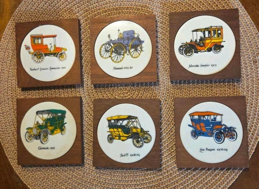 Vintage houten onderzetters met oldtimer (6 stuks), Ophalen of Verzenden, Zo goed als nieuw, Glas of Kopje