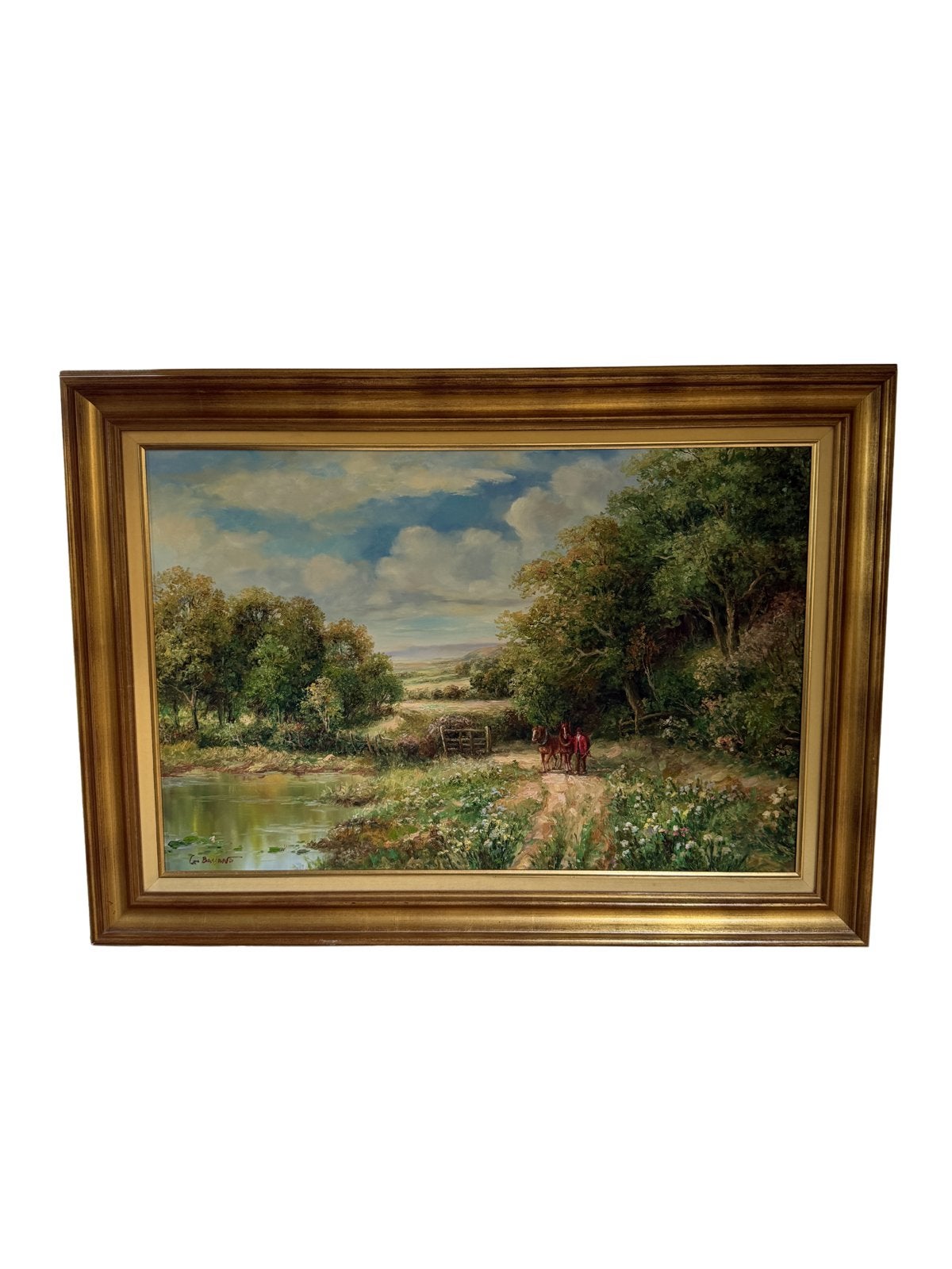 Schilderij G. Bassano - Landschap met paarden en man, Ophalen of Verzenden