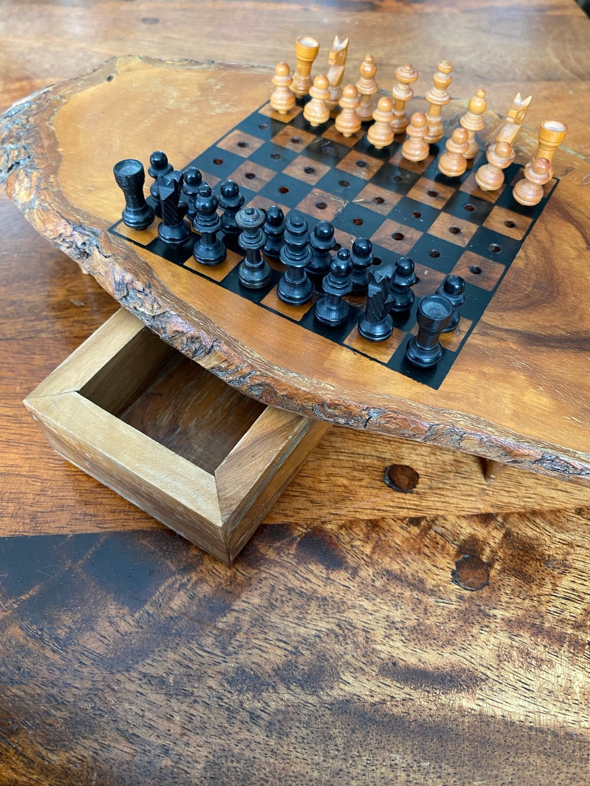 Vintage schaakbord olijvenhout met lade, Een of twee spelers, Ophalen of Verzenden, Gebruikt