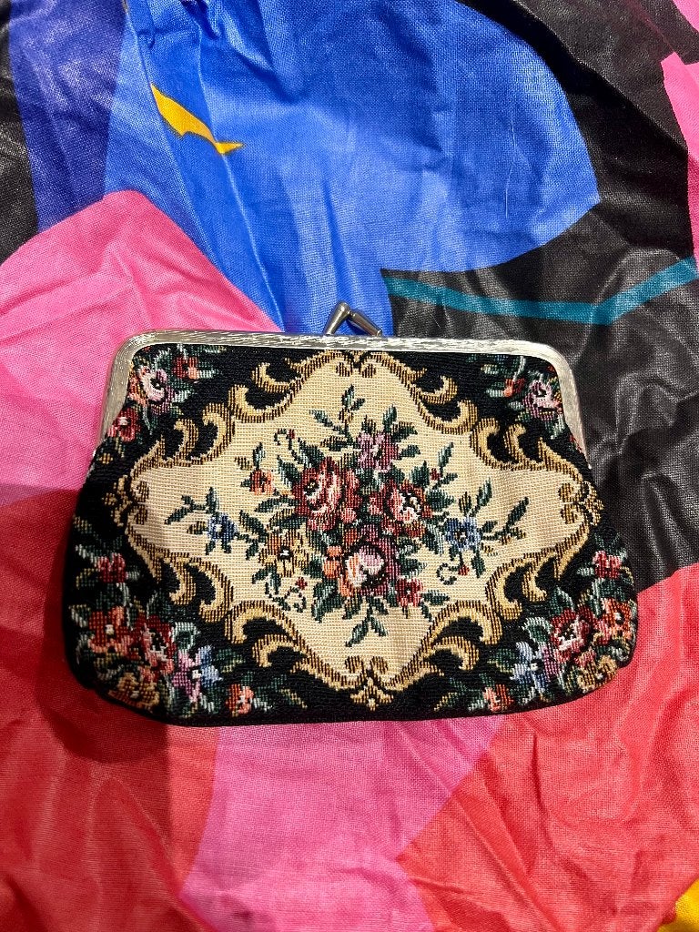 Vintage antiek boho petit point gobelin portemonnee clutch, Ophalen of Verzenden, Zo goed als nieuw, Zwart, Met knipsluiting