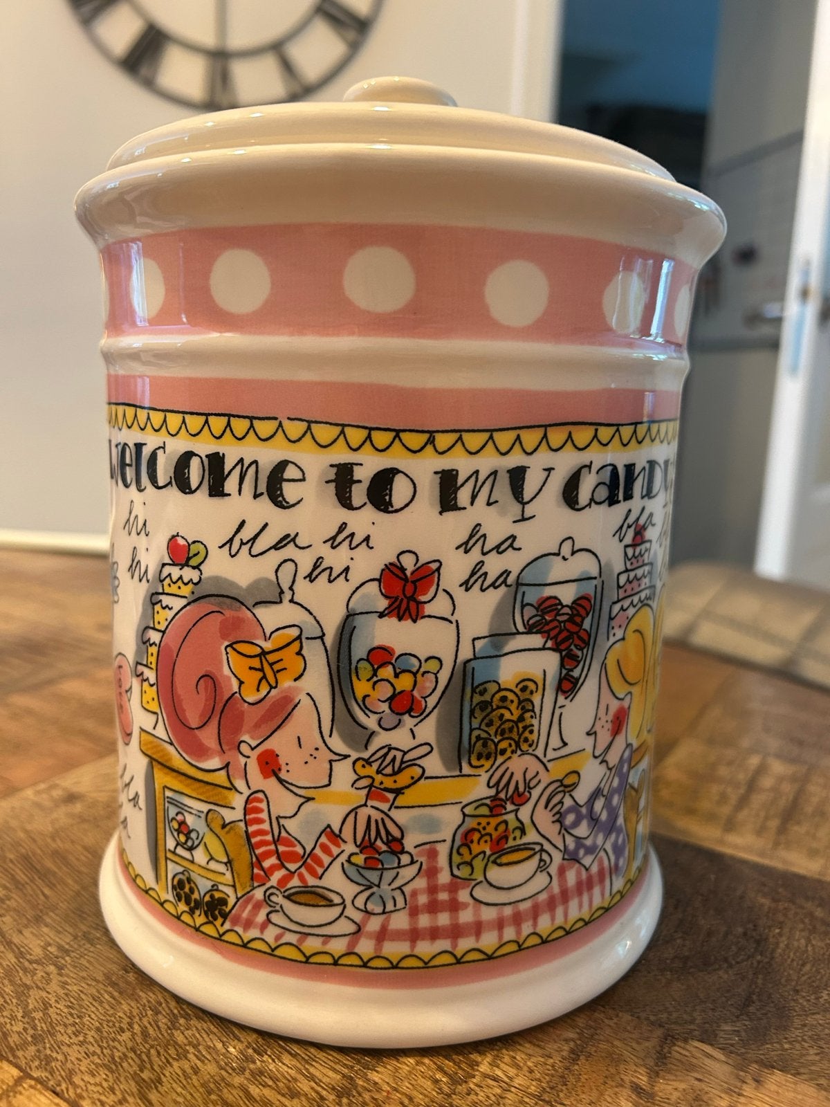 Blond snoeppot met vrolijke illustraties - Zo goed als nieuw, Ophalen, Meerkleurig, Overige stijlen, Zo goed als nieuw