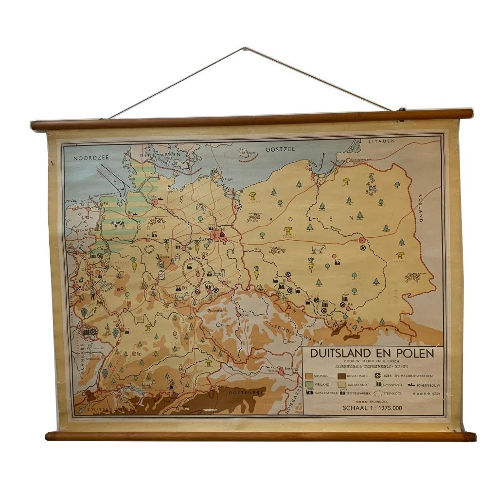 Oude linnen WANDKAART Duitsland Polen Dijkstra's Uitgeverij, Antiek en Kunst, Ophalen of Verzenden, Aardrijkskunde