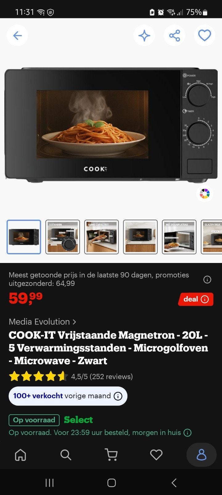 COOK-IT Vrijstaande Magnetron - 20L - 5 Verwarmingstanden, Witgoed en Apparatuur, Ophalen, Nieuw, Magnetron, Draaiplateau