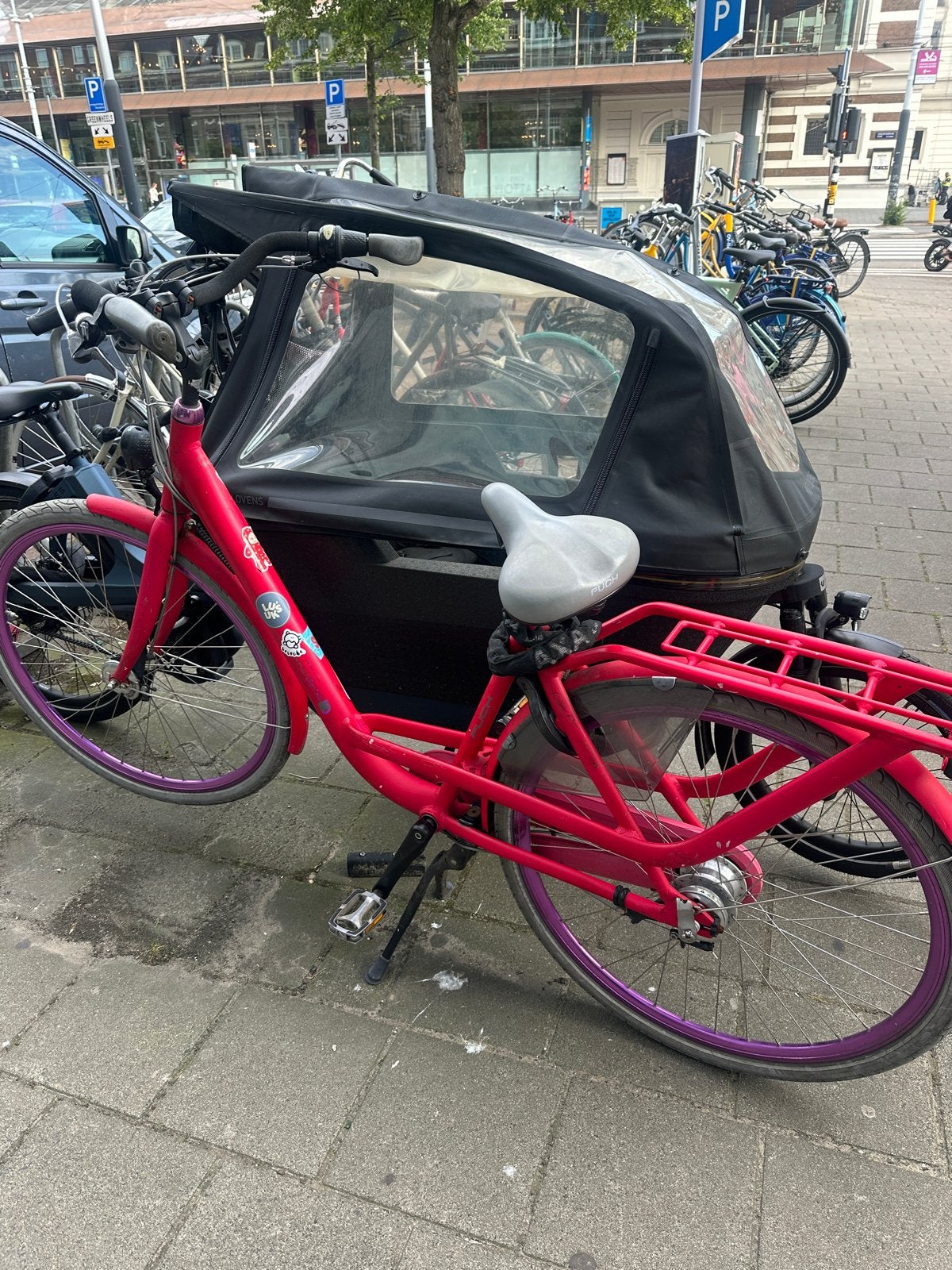 Roze stadsfiets 28inch 7 versnellingen handremmen, Gebruikt, 47 tot 50 cm, Versnellingen, Trommelrem