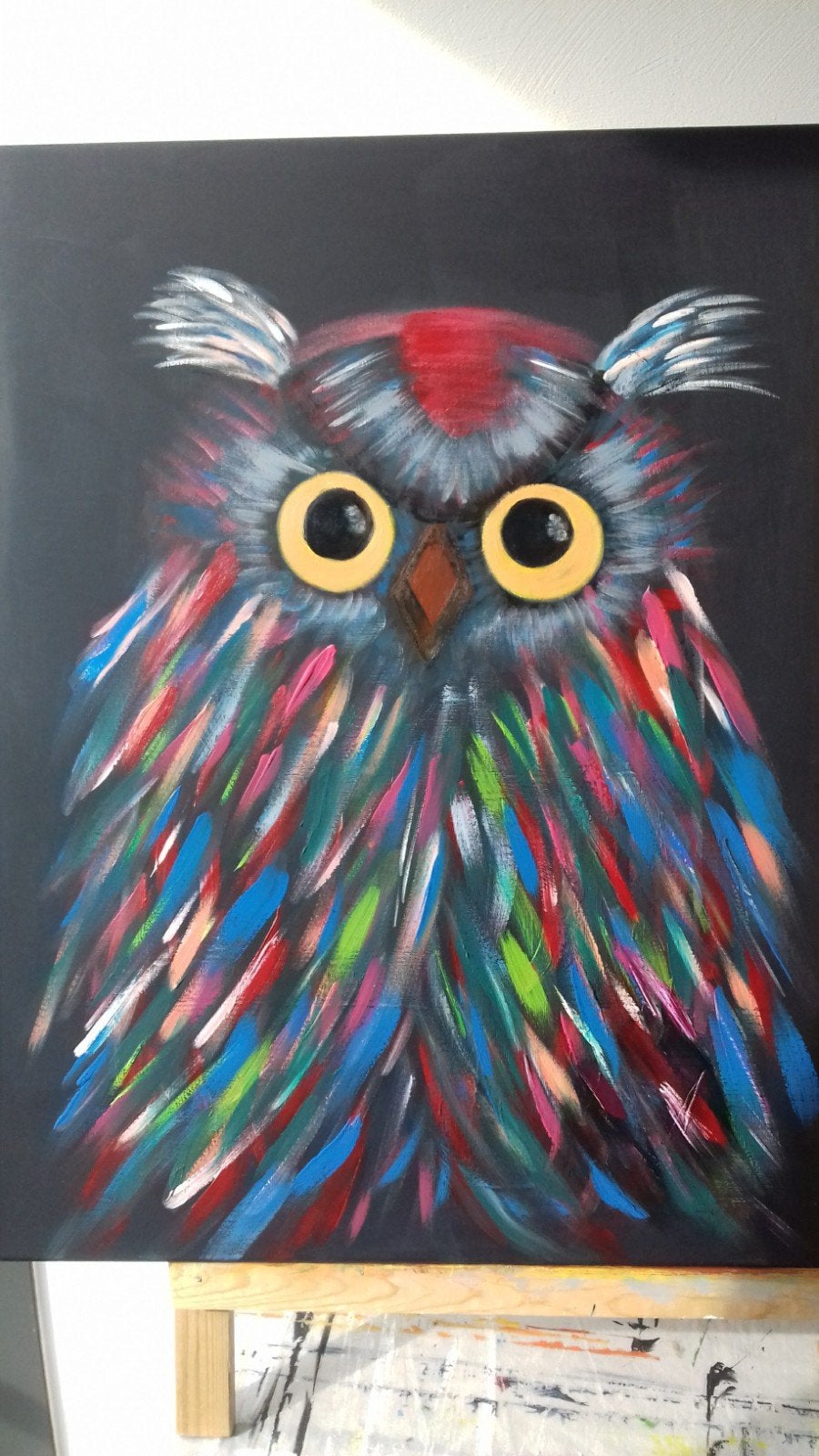 Kleurrijk Acrylschilderij Uil 60x80 cm, Ophalen, Acrylverf, Dieren, Op houten frame