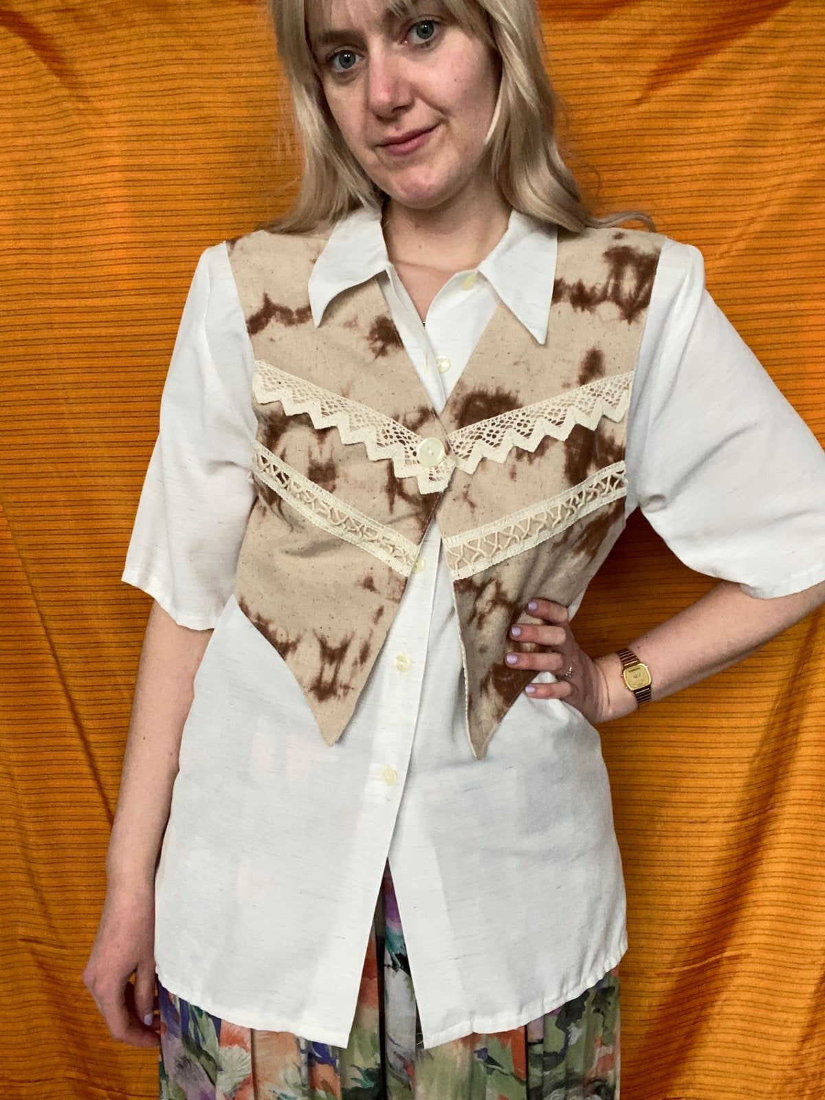 Vintage cowboy blouse met gilet / waistcoat- Jaren 90-38/M, Maat 38/40 (M), Hgv, Beige, Hgv