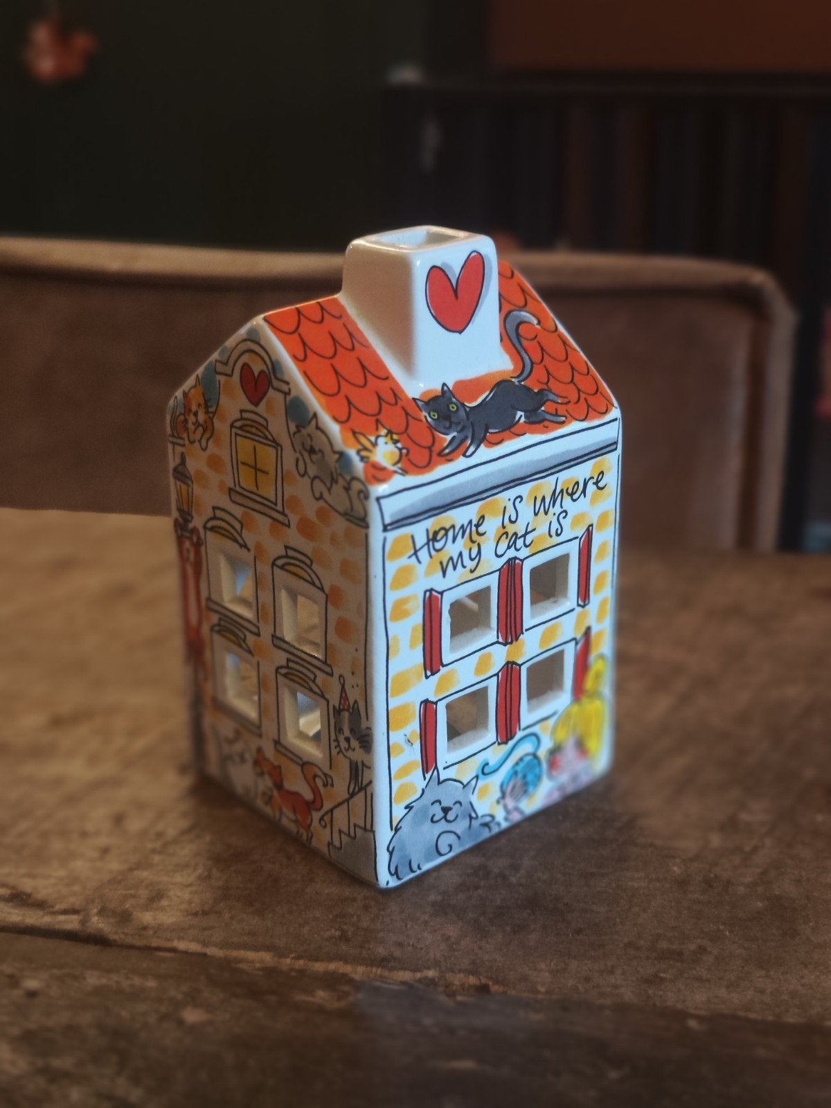Blond Amsterdam theelichthouder huisje met katten design, Meerkleurig, Overige stijlen, Ophalen of Verzenden, Zo goed als nieuw