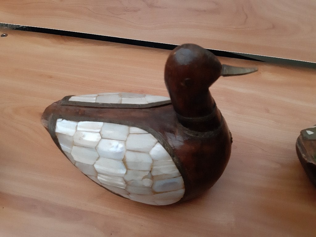 Eenden, koper en hout, vleugel ingelegd met parelmoer, Ophalen, Minder dan 20 cm, Art deco, Hout