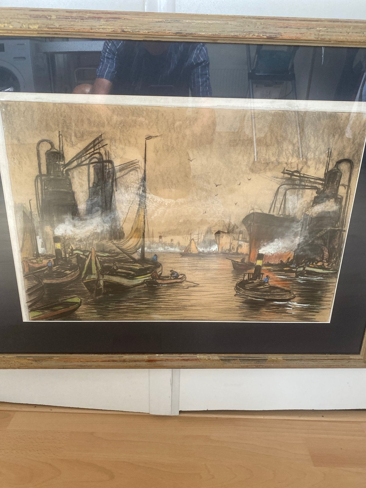Industrieel havengezicht, gesigneerd, Antiek en Kunst, Ophalen of Verzenden, Tekening, Gemengde techniek, Gesigneerd