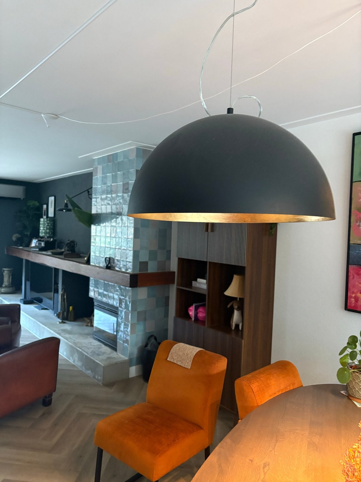 Mat zwarte hanglamp met gouden binnenkant - 53 cm, Ophalen, Gebruikt, Metaal, E27 (groot)