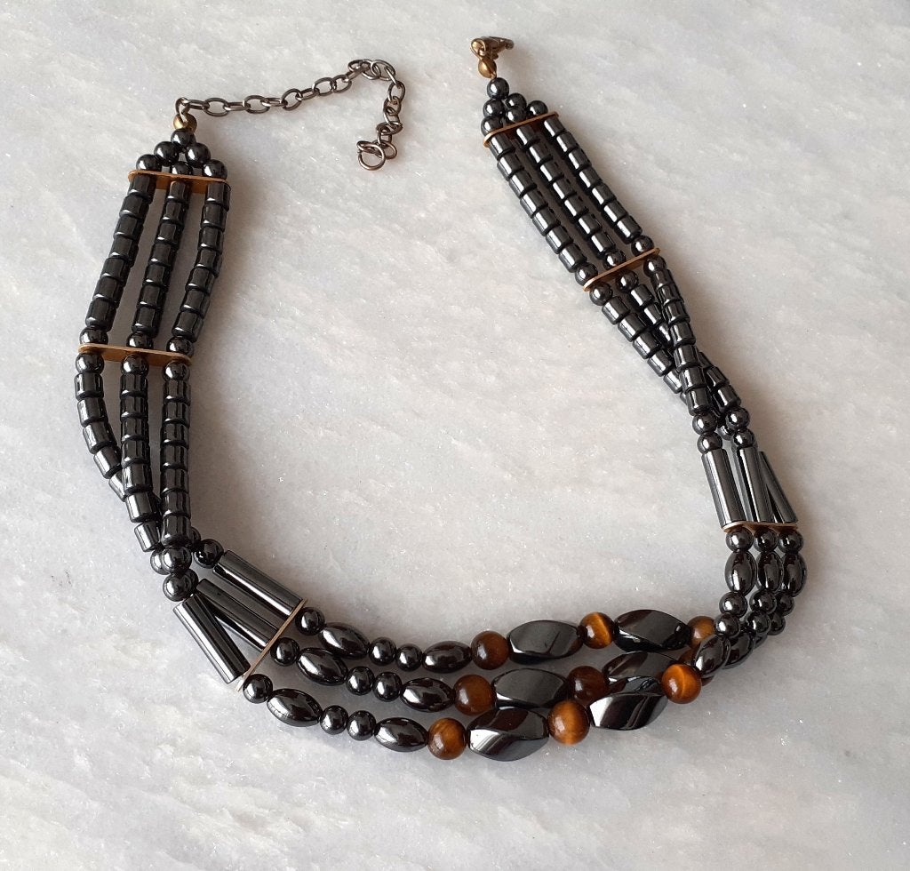 choker vintage hematiet en tijgeroog, Sieraden, Tassen en Uiterlijk, Kettingen, Zwart, Nieuw, Verstelbaar, Ophalen of Verzenden