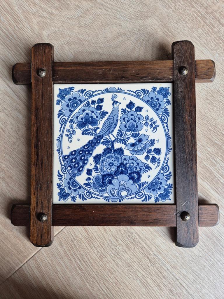 Delfts Blauw, Tegel met Pauw in Houten Frame, Ophalen of Verzenden