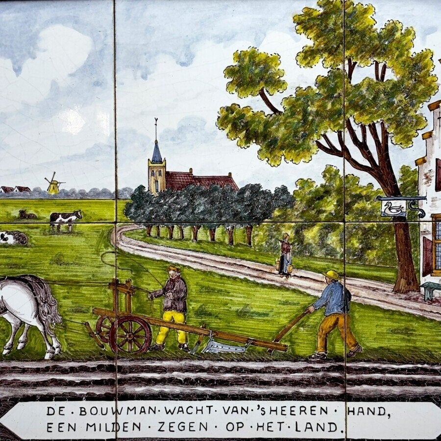 Westraven tegeltableau ca. 1900, boerenhoeve met spreuk, Ophalen of Verzenden