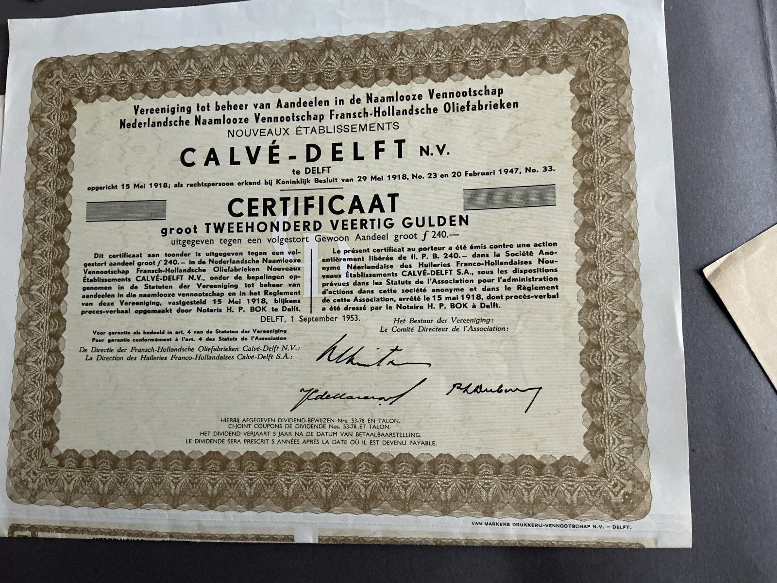 Oud aandeel Calvé-Delft N.V. - Zeldzaam verzamelobject, Verzenden, 1920 tot 1950, Aandeel